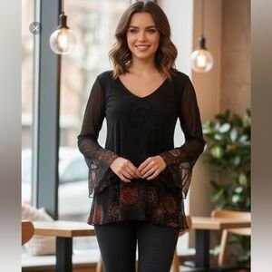 Desigual Black Sheer Blouse with Colorful Accents size S